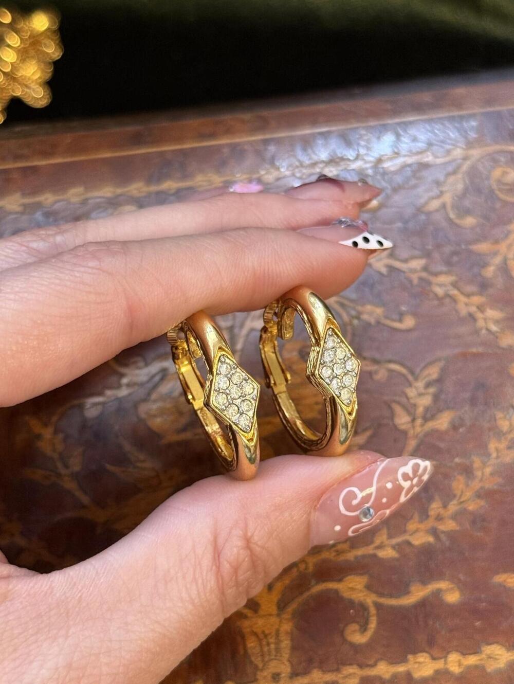 Vintage Gold Tone Rhinestone Hoop Earrings